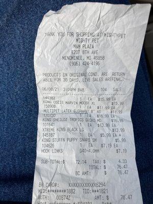 Receipt for "farting elephant", purchased Tuesday, 5/9/21.