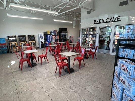 Beer Cave, tables, and games