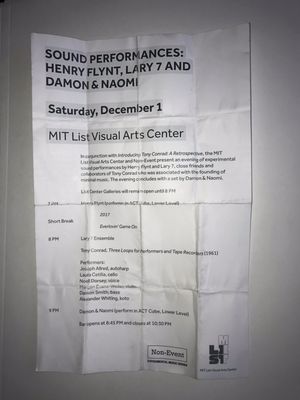 Flyer from the Henry Flynt, Lary 7 and Damon & Naomi show from december 1 hosted by Non-Event: Experimental music series