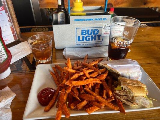 Cubano sandwich with sweet potato fries! Chefs in Westbury killing it!!   Thank you to the manager Nathalie for the excellent service.