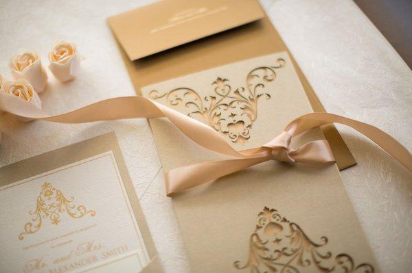 laser cut and mixed metal neutrals - wedding invitation for Alabama bride - by Azure Invitations