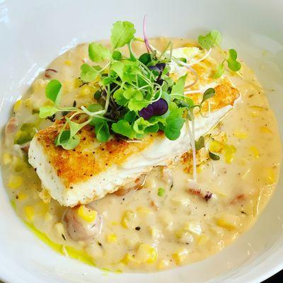 Halibut with corn chowder