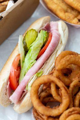 Ham and Cheese sub with onion rings