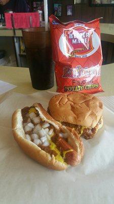 The famous coney and double chilli cheeseburger!