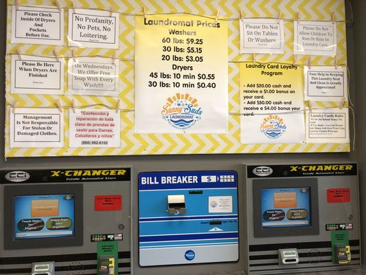 No More coins !! You can pay Cash or Credit Card !!! We also have a Bill Braker to change your Bills .