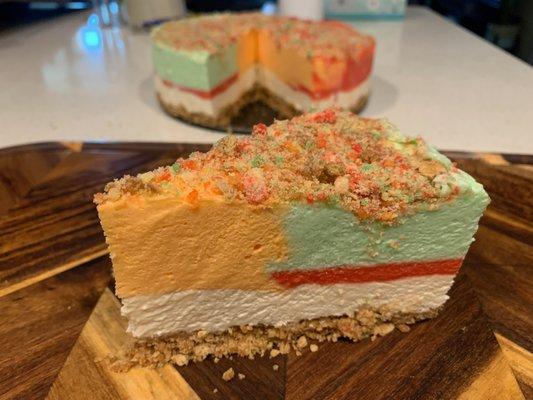 Poncho's Sherbet Cheesecake. Yes sherbet cheesecake, not ice cream!