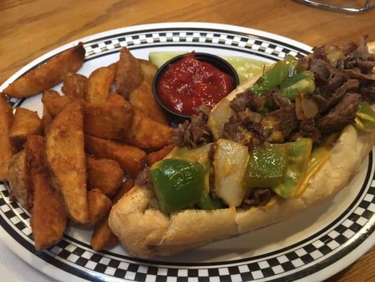 Cheesy Philly and oven HOT fries!