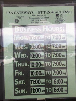 Current business hours and phone number