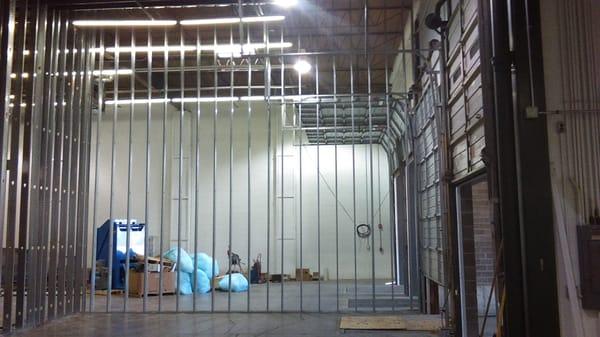 A commercial job for an industrial sanitation facility. Walls were framed with 22' 20 gauge steel studs.