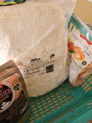 5lb bag of Daiya shredded mozzarella cheese, vegan creamer, vegan shrimp, and not pictured -- vegan fish sauce. Mmmm...