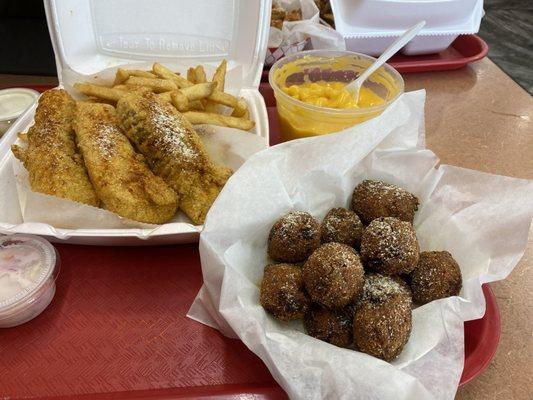 Cod, hush puppies, Mac and cheese and fries