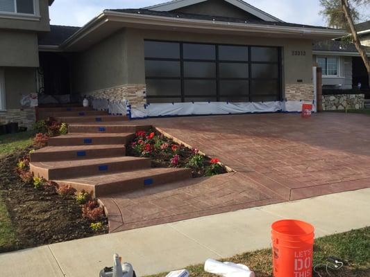 Work in progress of driveway and stairs with color and stamp.