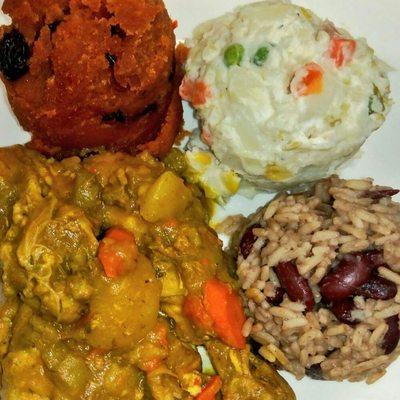 Halal Curry Chicken, Vegan Potato Salad, Vegan West Indian Stuffing, and Red Beans and Rice.