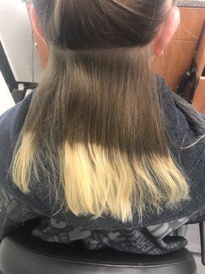 Kim ruined my hair. I asked for ombré and this is how it turned out. I was horrified! Damaged, uneven and yellow. She refused to refund me.