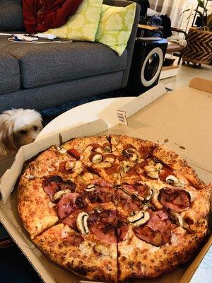 Bacon, salami, chicken, pepperoni, mushroom pizza