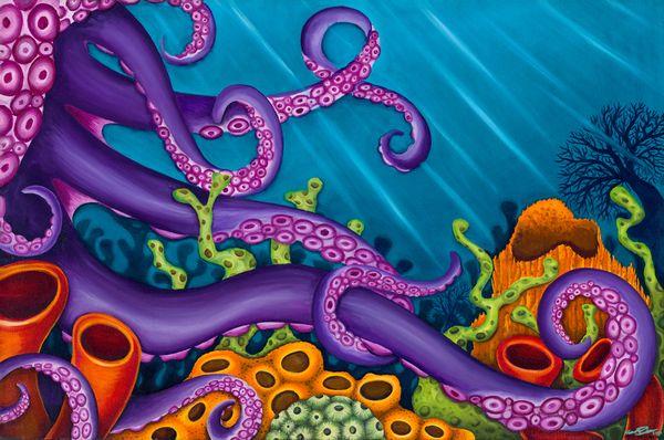 "Curious Tentacles" Oil on Canvas 24"x 36" painted by Cassandra is available at our Gallery, Jellyfish  Daydreams!