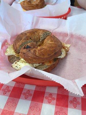 Bacon egg and cheese on a fresh cinnamon raisin bagel!