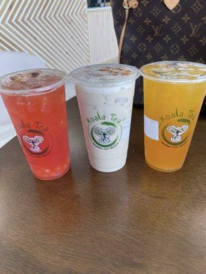 Guava green tea, almond milk tea and passion fruit green tea