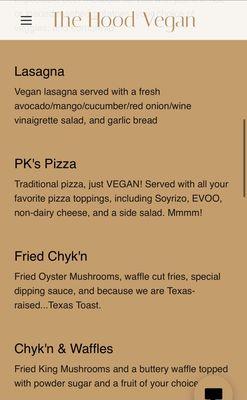 The Hood Vegan Menu