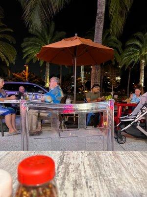 Eating on the front walkway.