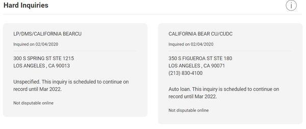 TWO inquiries, one unspecified, my score lost 70 points because of this place.