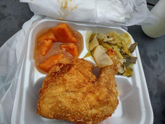 Fried chicken, yams, cabbage and a cornbread biscuit with lemonade. All for under $10.00. or right around $10.00. the meal with $8.00.