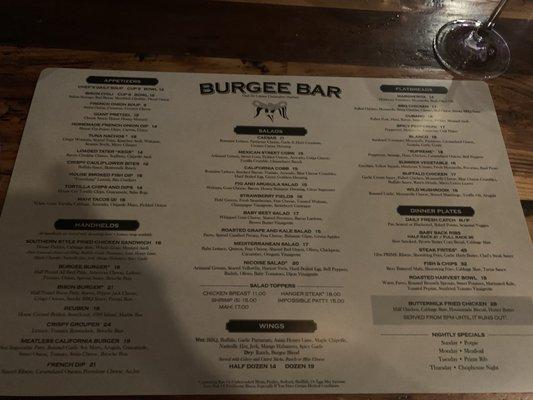 ORC Burgee Bar menu