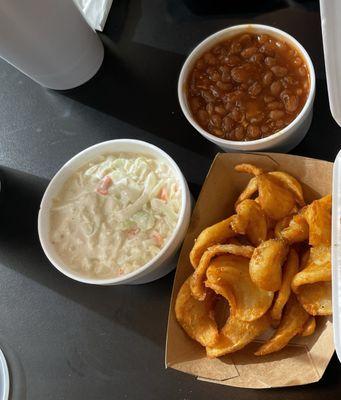 Baked beans, coleslaw, home made fries