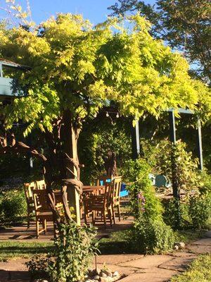 Outdoor seating area in the summer.