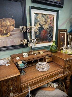 Antique vanity with vintage art and crystal