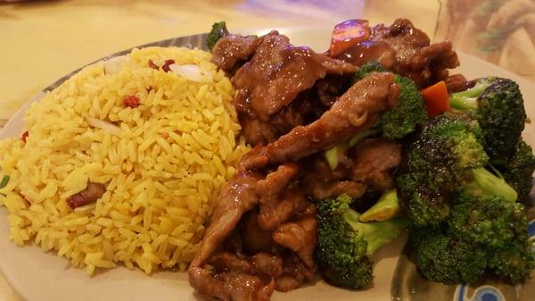 Broccoli and beef, with smokey fried rice.