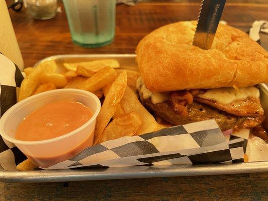 Elvis Pigsley burger and steak fries. Honestly just "okay". The ground pork patty tasted a bit bleh and meh.