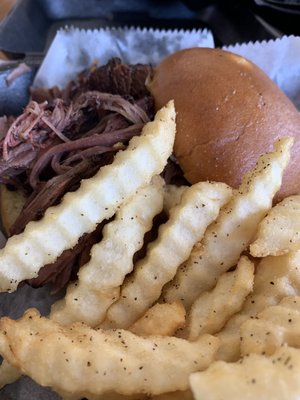 Brisket sandwich with crinkle fries