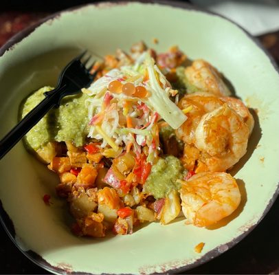 Create-Your-Own Satu'li Bowl with Chili-Garlic Shrimp, Red & Sweet Potato Hash & Charred Green Onion Vinaigrette~ You'll have a foodgasm!