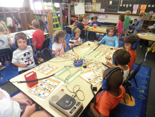 Listening Center in our Pre-K classes.  A fun way to learn.