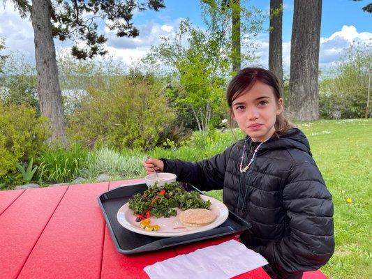 Delicious vegan lunch made by Chefs Jessie and Kenny and staff. (Pictured: littlest garden volunteer!)