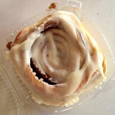 Absolutely delicious cinnamon roll topped with cream cheese frosting. Weekend special at Delish.