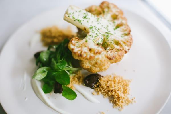 Roasted Cauliflower with black garlic puree and mache