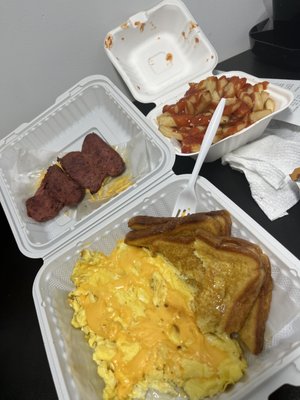 French Toast Platter, beef sausage French Fries