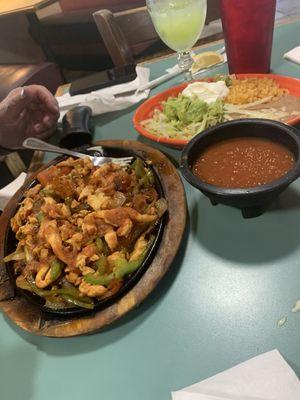 Chicken fajitas.  Generous serving, tasty.  Salsa was good. The fresh tortillas were excellent.