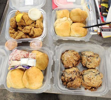 Catfish bites, plain, honey & blueberry biscuits