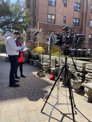 Producer Jordan Stark runs through the script with Yonkers City Court Judge candidate Verris Shako.