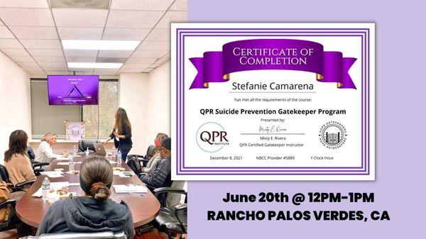 Suicide prevention training. Rancho Palos , CA