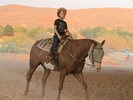 Charlie Stover riding Emma.  He is a star in "Yellowstone" with Kevin Costner I taught to ride!  So proud of his accomplishments!