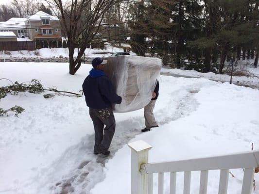 Movers wrapping our sofas and walking on ice. Not recommended but they did great!