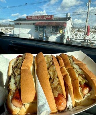 Three hot dogs with fried onions