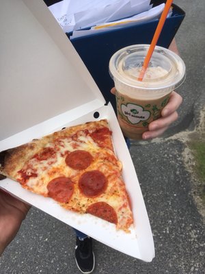 Pepperoni Pizza slice with Dunkin Donuts mocha frozen coffee