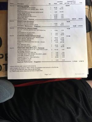 This is the bill they told us for all the things it needed before the $25 shop supplies and $101 in tax.