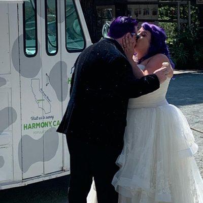 Bride and groom enjoying a taste of ice cream together served up by Harmony Valley Creamery in beautiful Harmony CA