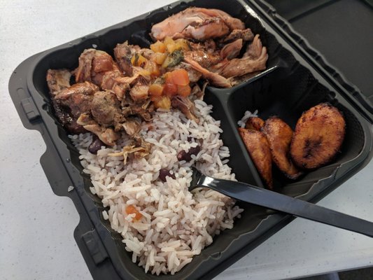 Jerk chicken, plantains, rice and beans